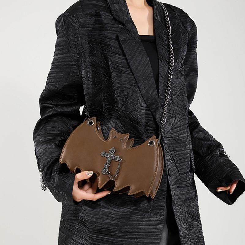 Gothic Style Bat & Skull PU Leather Shoulder Bag Vintage Solid Color Crossbody Bag with Adjustable Chain Strap for Outings, and Everyday Use