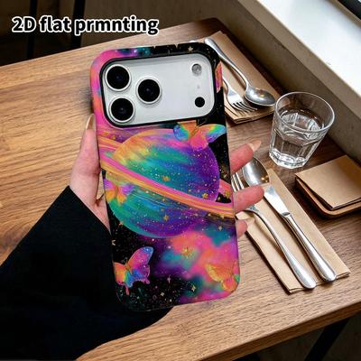 Phone Case: 2D Flat Design Suitable for iPhone 18, 17, 16, 15, 14, 13 Pro Film Protective Case, Couple Style, Rainbow Saturn, Christmas and Halloween