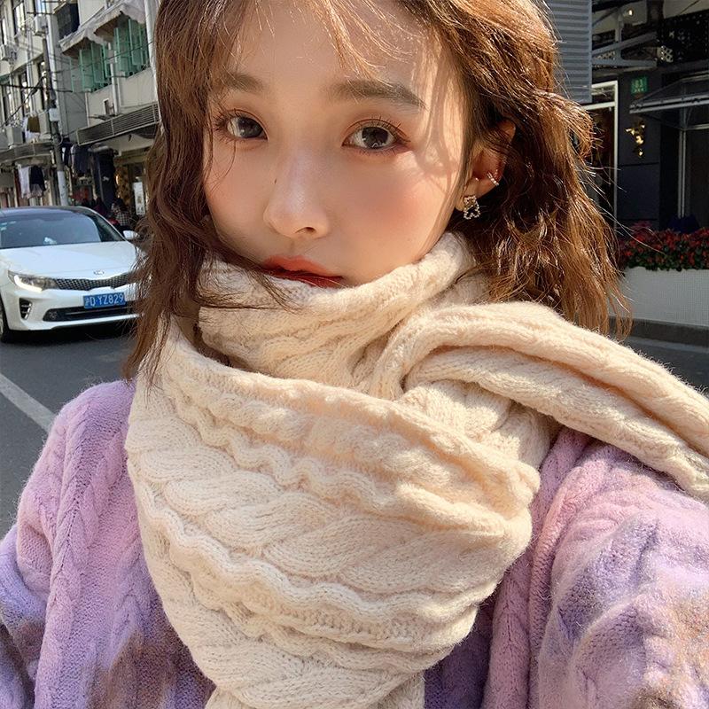 Beige twist scarf women's autumn and winter Korean version versatile Japanese students winter thickened warm knitted wool scarf