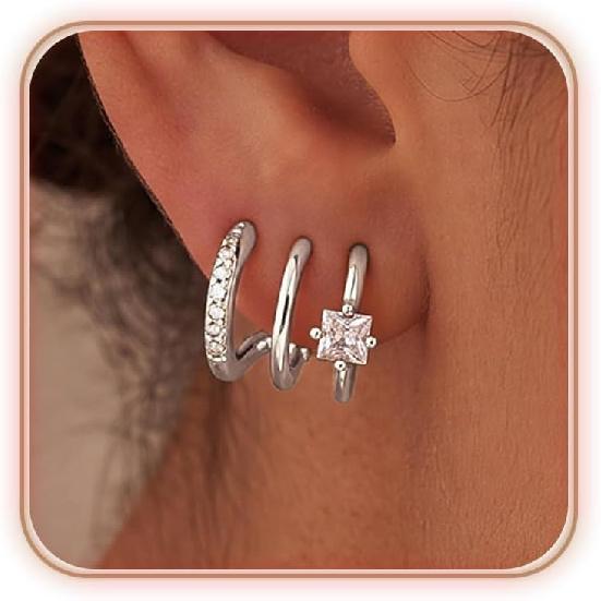 Triple Hoop Earrings for Women Trendy, 14K Gold/Silver Plated Cubic Zirconia Hypoallergenic Hoop Earring Chunky Dainty Minimalist CZ Earring Fashion