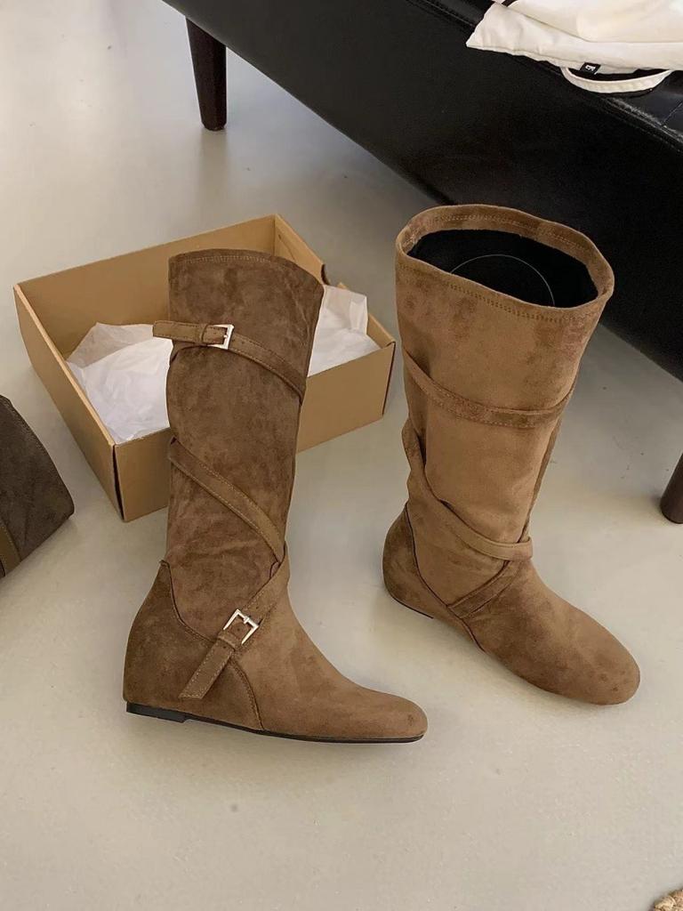 Small Inner Height Increase Belt Buckle Suede Western Cowboy Boots Women's Round Head Cover Boots Inner Height Increase But Knee Boots