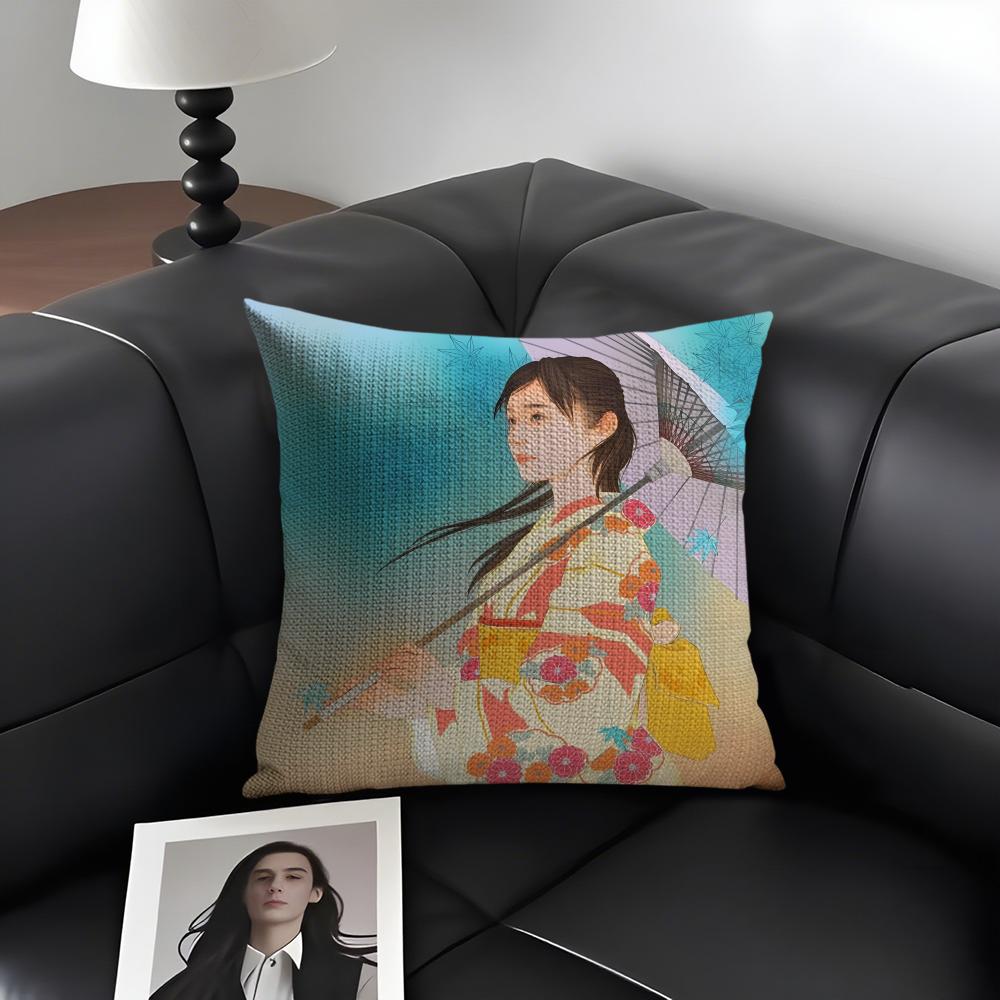 Kimono Girl Japanese Style Cushion Cover Natural Linen Organic Fabric DoubleSided Printing Sofa Home Decor Gift Pillow Case