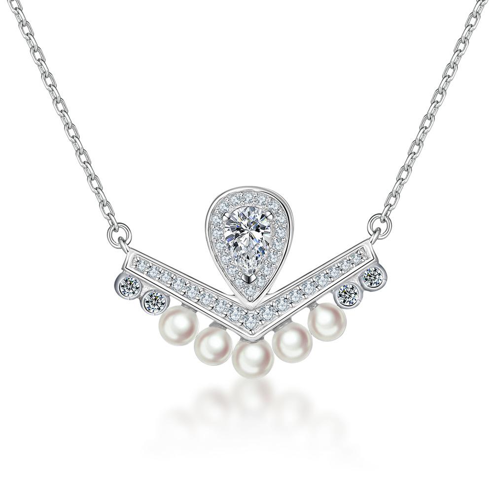 

925 Sterling Silver Natural Shell Pearl Necklace Women s Neckchain Water Droplet Zircon V-shaped Crown Pendant Collar Chain