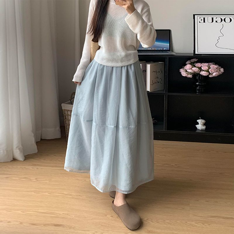 Women's Summer High-Waisted Organza Patchwork Tulle Half Skirt Mid-Length Long Skirt