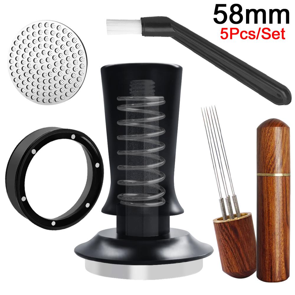 51/53/58mm Espresso Tamper, 5Pcs/Set Coffee Tampers Tools with WDT Stirrer Tool, Puck Screen, Dosing Funnel, Cleaning Brush