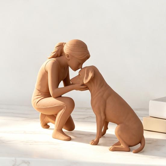 3D Printed Women Dog Figurine, Girls Pet Friendship Decorative Statue Sculpture for Living Room Home Office Shelf, Gift for Dog Lovers
