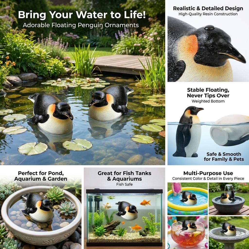 Resin Floating Penguin Ornament For Outdoor Garden Pond Aquarium Decoration Waterproof UV Resistant