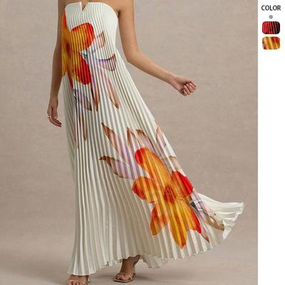 2026 Cross-Border Pleated Bandeau Long Dress for Women - Printed Design, Loose Fit, Heavy Duty