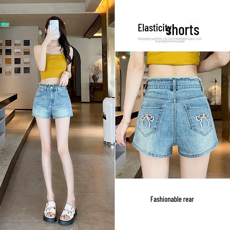 Sweet & Spicy Age-Defying Slim-Fit High-Waisted Denim Shorts with Bowknot Embroidery, Trendy A-Line Summer Straight-Leg Hot Pants for Women