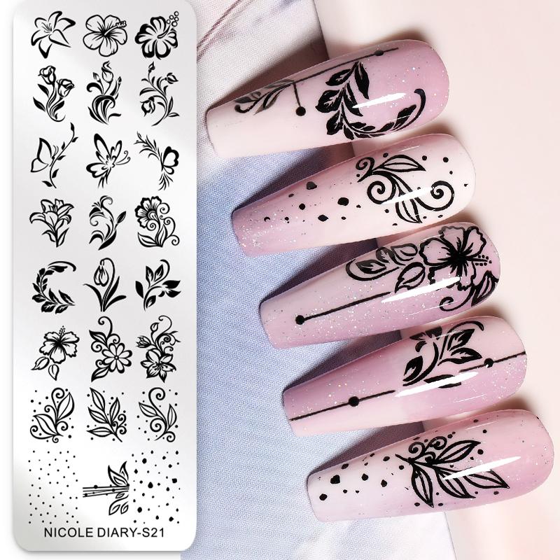 NICOLE DIARY Foam Bubble Effect Nail Stamping Plates Flower Leaf Line Design Stamp for Nails Printing Stencil Templates