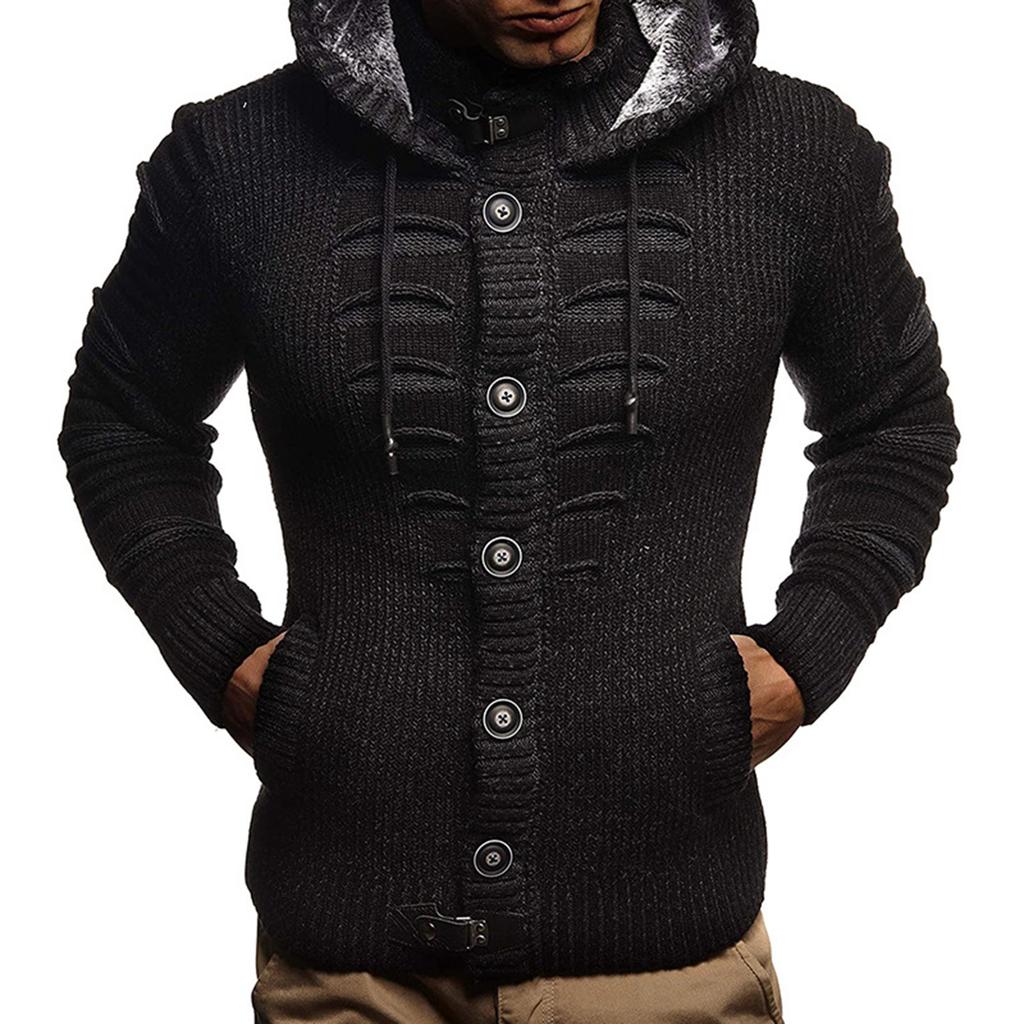 Men's Solid Color Button Sweater Men's Hooded Knitted Fleece-lined Cardigan Jacket