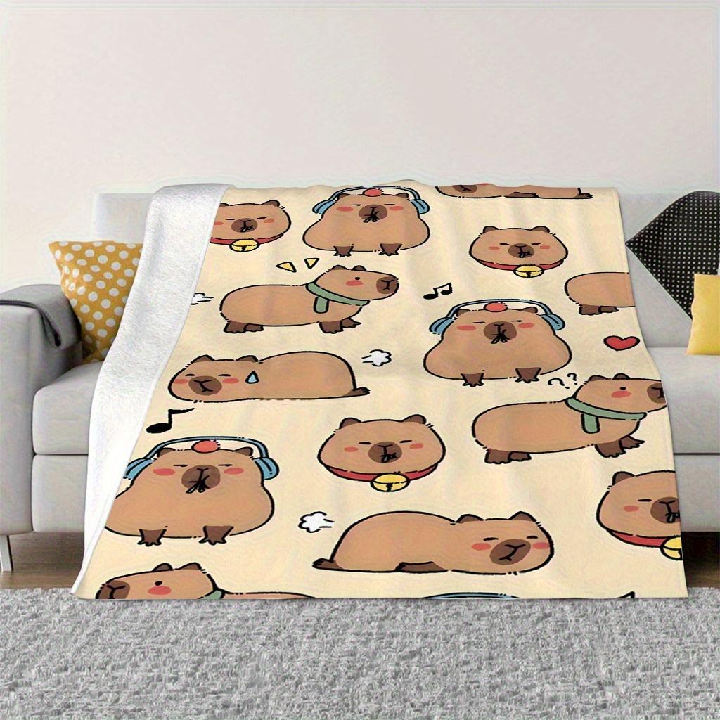1 Cute Music Listening Capybara Flannel Blanket - Soft and Comfortable Modern Design for Sofa, Office, Travel