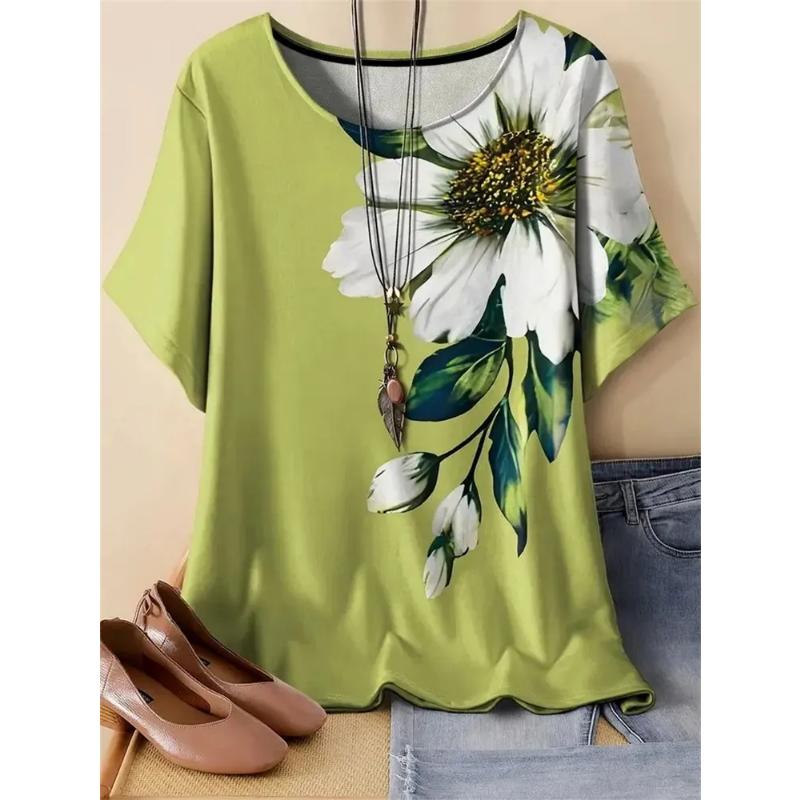 

Flower Short Sleeve Fashion Women s 3D Flower Color Printing Crew Neck Short Sleeve Crew Neck T-Shirt 6XL