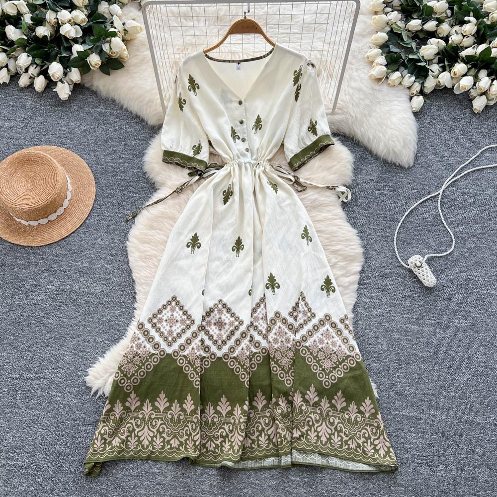 Bohemian vacation dress women's summer literary retro waist V-neck short-sleeved printed long dress