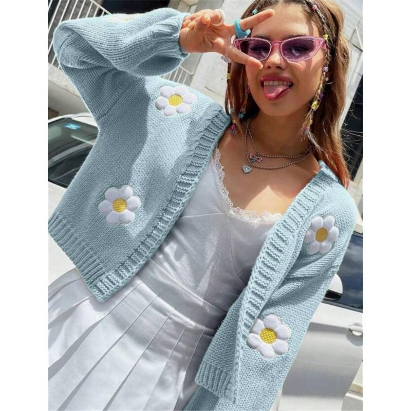 

Европейский и американский женский осенний новый милый цветочный узор свитер кардиган свободный короткий вязаный женский свитер XL синий