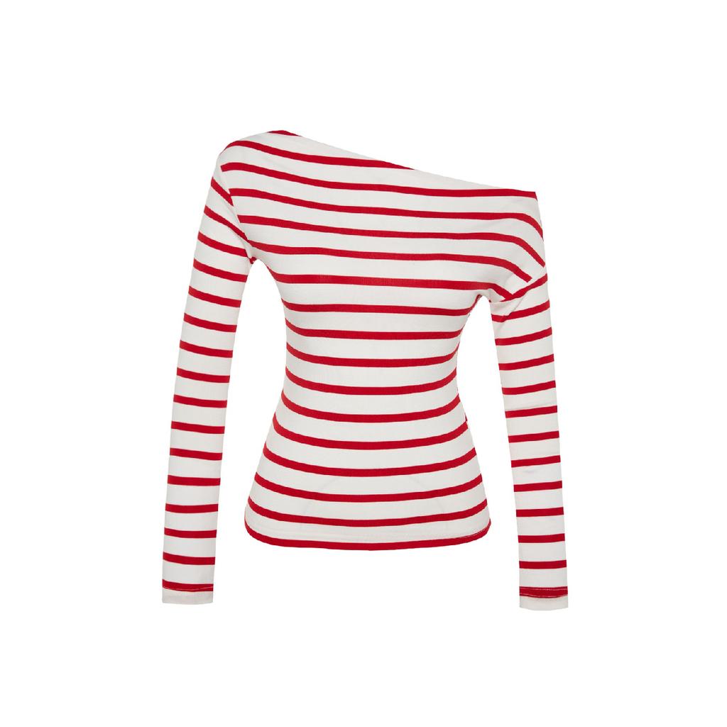 Marineblau gestreifte, hochwertige, weiche Strickbluse mit U-Boot-Ausschnitt und taillierter Passform Twoaw24bz00227