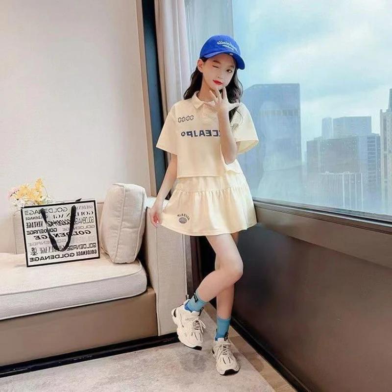 Summer Teenage Girl Clothes Set Children Letter Print Lapel Tshirt and Skirts Suit Kid Short Sleeve Polo 2-Piece Set