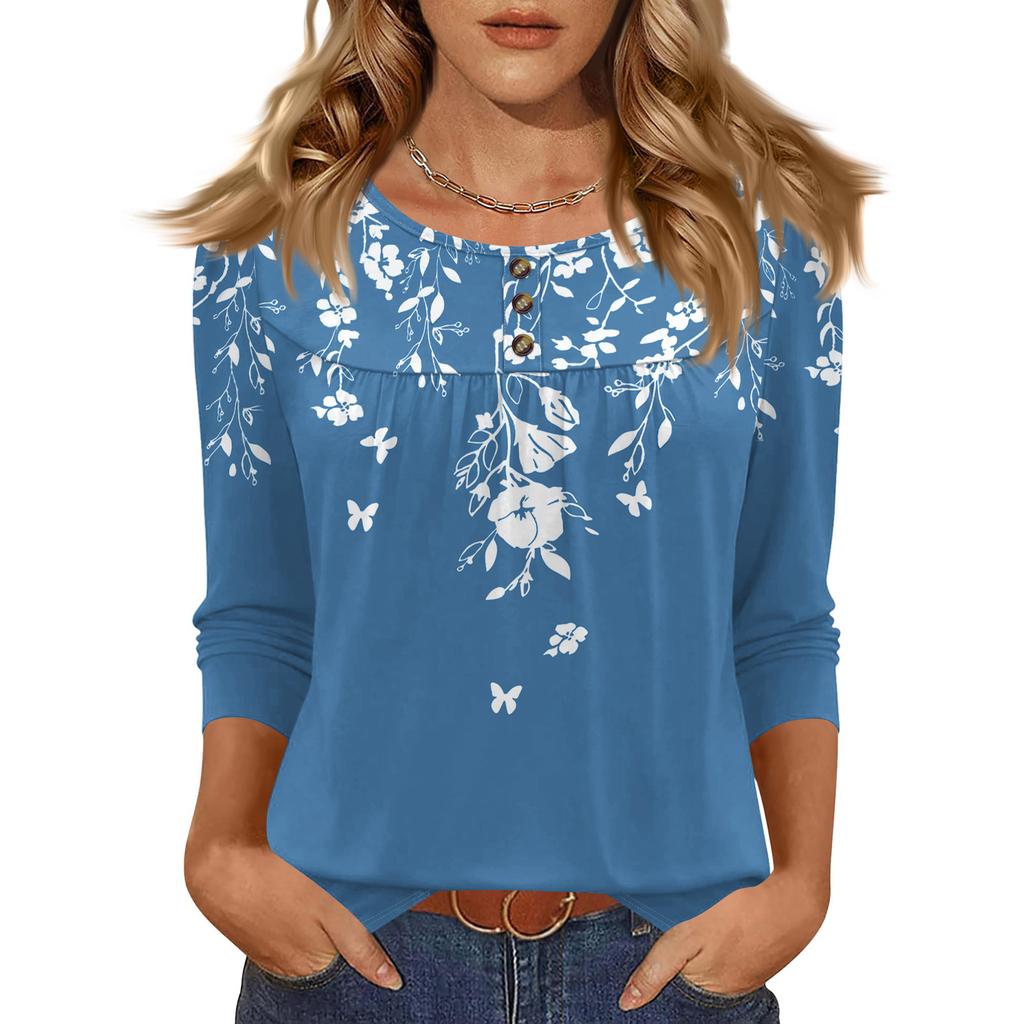 Women's Fashionable Casual Floral Print Three-quarter Sleeve Top