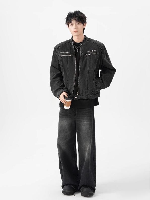 Men's High-End American-Style Denim Jacket: Trendy, Scruffy Cool Hairdresser Vibe with Padded Shoulders and Light Luxury Design.