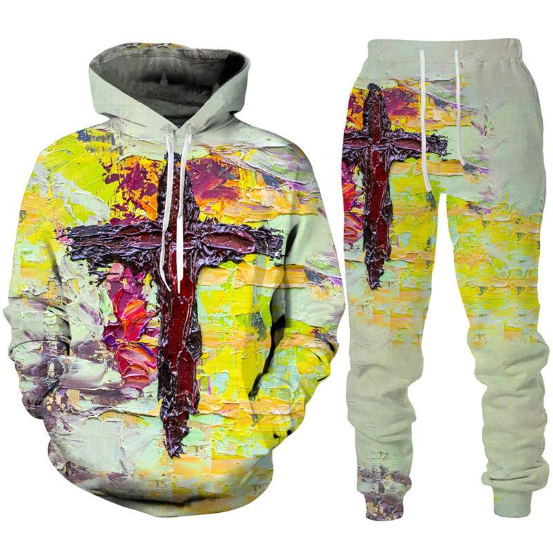 Spring Autumn Fashion Casual Men's Hoodies Set 3D Animal Lion Cross Printing Sweatshirts Sweatpants 2 Piece Set Men Clothing Suit