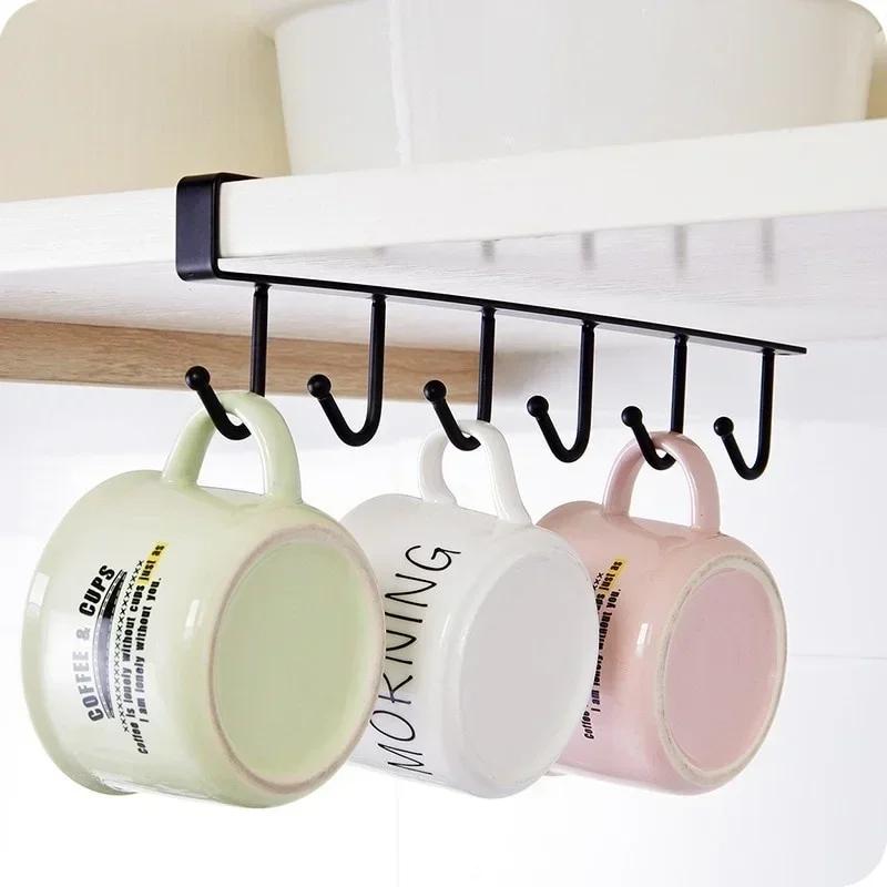 6Hooks Multifunctional Cup Holder Hang Cabinet Under Shelf Rack Metal Household Kitchen Cupboard Cabinet Storage Organiser Hooks