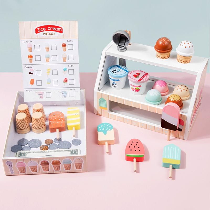 Wooden Ice Cream Shop Pretend Play Toy Set For Kids Mini Role Play Ice Cream Vending Machine With Sweet Cone Ice Cream Decorations
