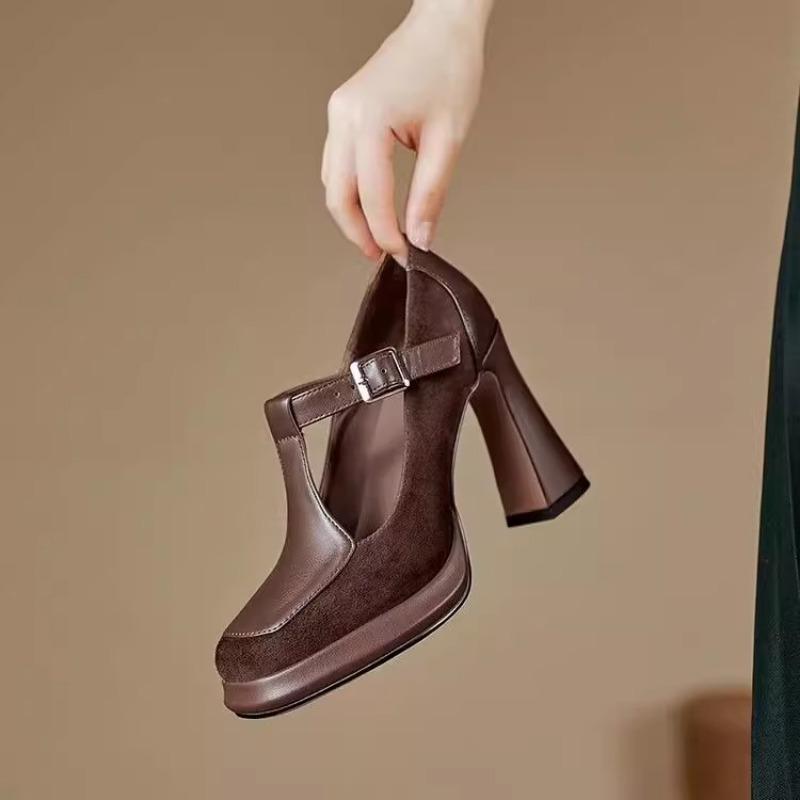Fashion New Coarse Heel Shoes Women Fashion Square Head Shallow Mouth Splicing Suede One Line Buckle Non-slip High Heels