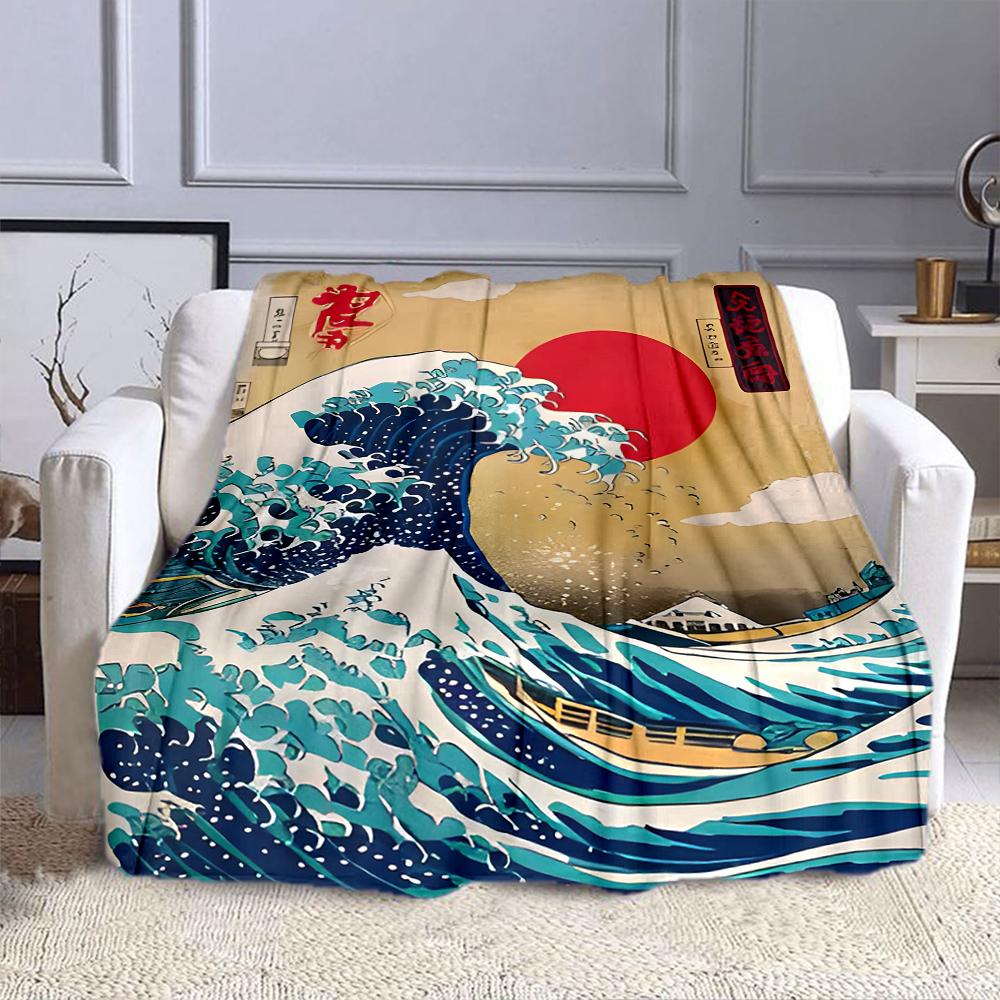 "Wave and Red Sun Japanese Style Print" Patterned flannel blanket perfect for the bedroom living room, sofa, or a little nap