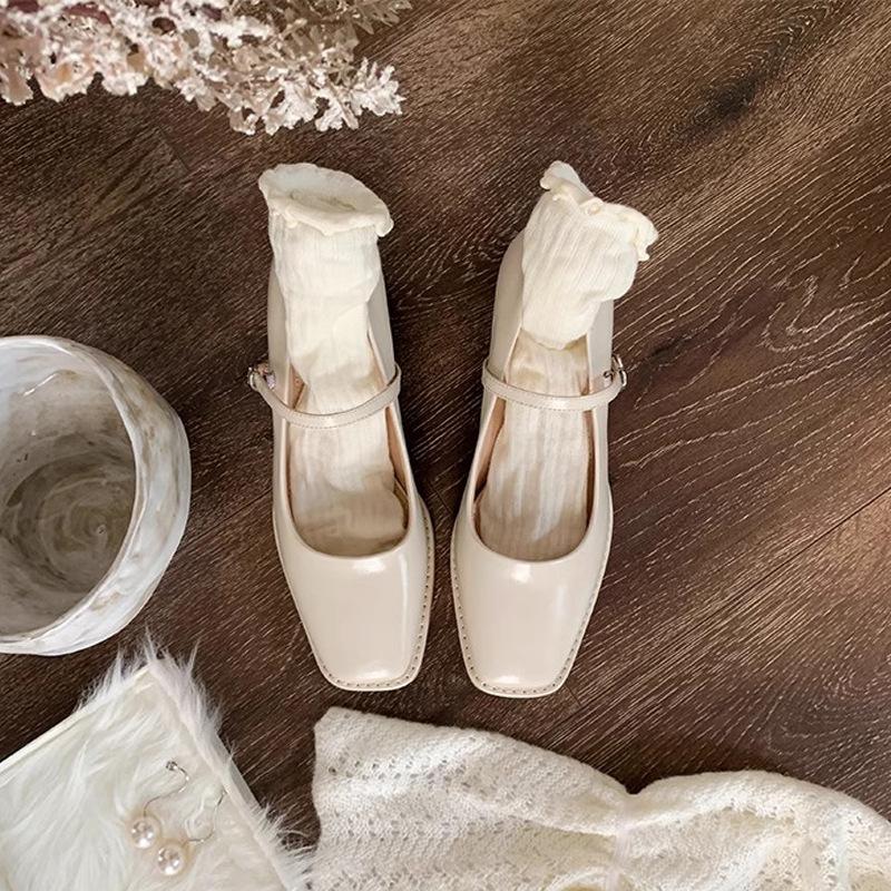 Grape mother has the same temperament, square head and thin word with light mouth commuting thick high heel Mary Jane single shoes women