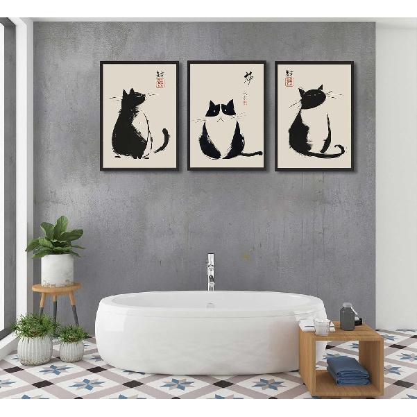 3Pcs Vintage Japanese Cat Wall Art Cute Funny Japanese Black Cat Canvas Paintings Japanese Matsumoto Hoji Prints Neutral Wall Decor Cat Pictures