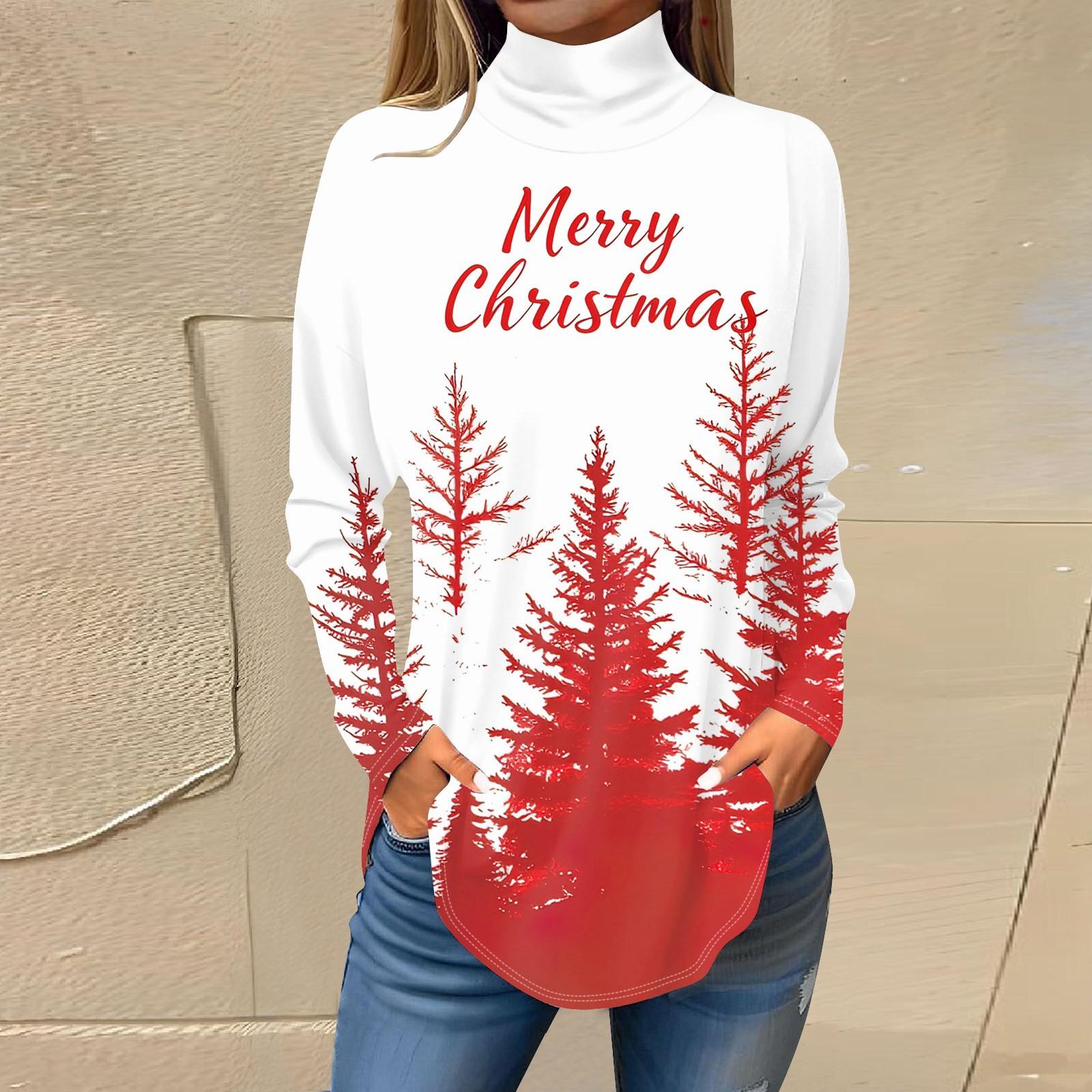 

Women s Fashionable Casual High Neck Christmas Printed Long Sleeve T-Shirt Pullover Top XL белый
