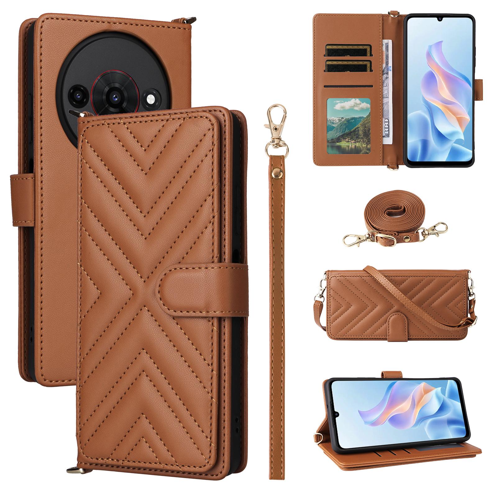 

For ZTE Blade A76 5G Case with Shoulder/Wrist Strap Leather Phone Cover Stand Wallet Brown