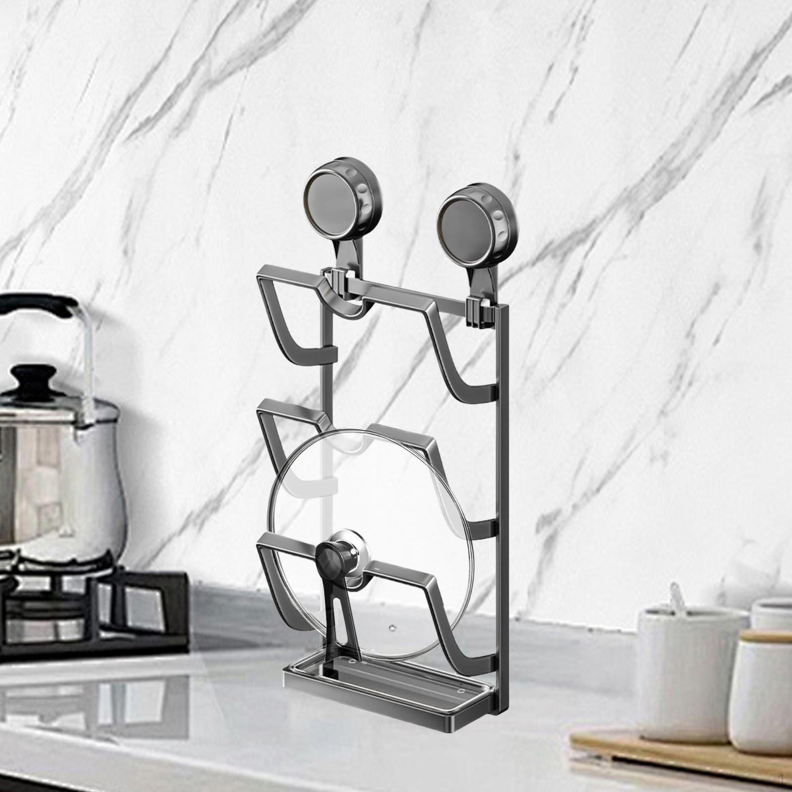 

Pot Lid Organizer 3 Tier Kitchen Storage Unique No Drill Easy Installation with Strong Suction Cups серый