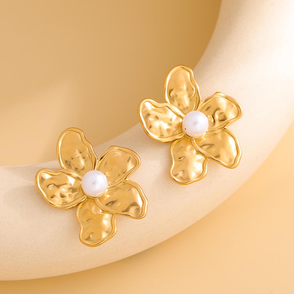 Polished Stainless Steel Pearl Stud Earrings for Women - Irregular Geometric Flower Design