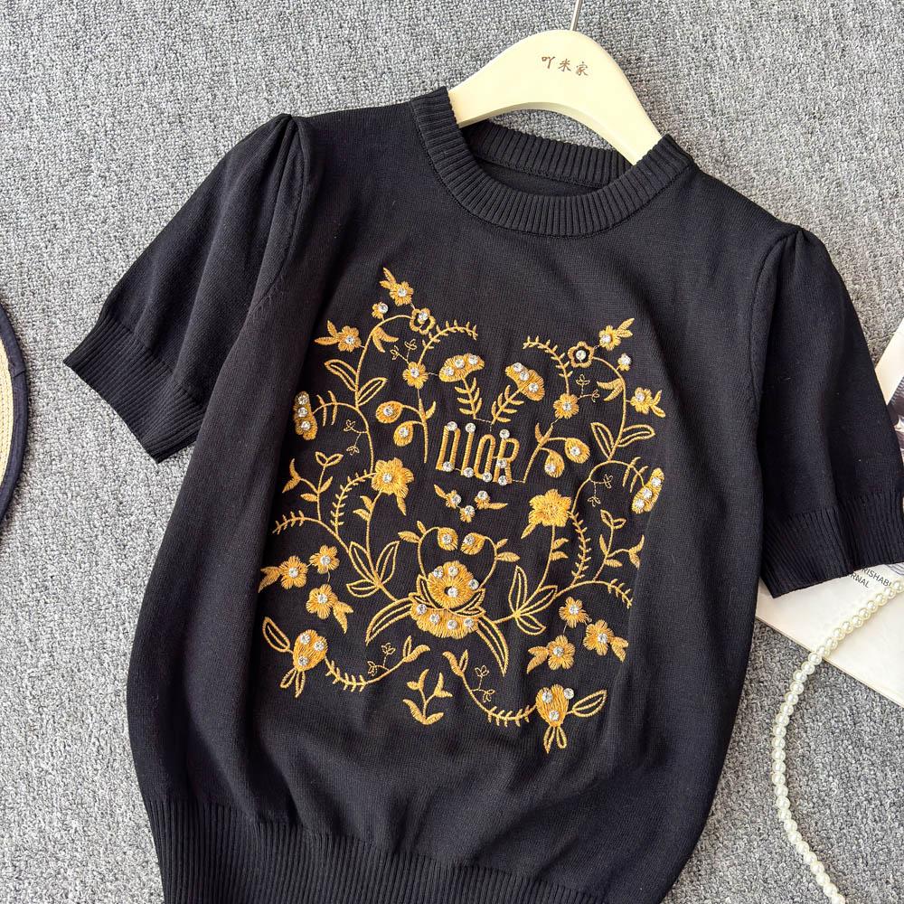 Summer Women O-neck Designer Embroidery Flower Beading Diamonds Knitted Sweater Pullover Tops Tshirt