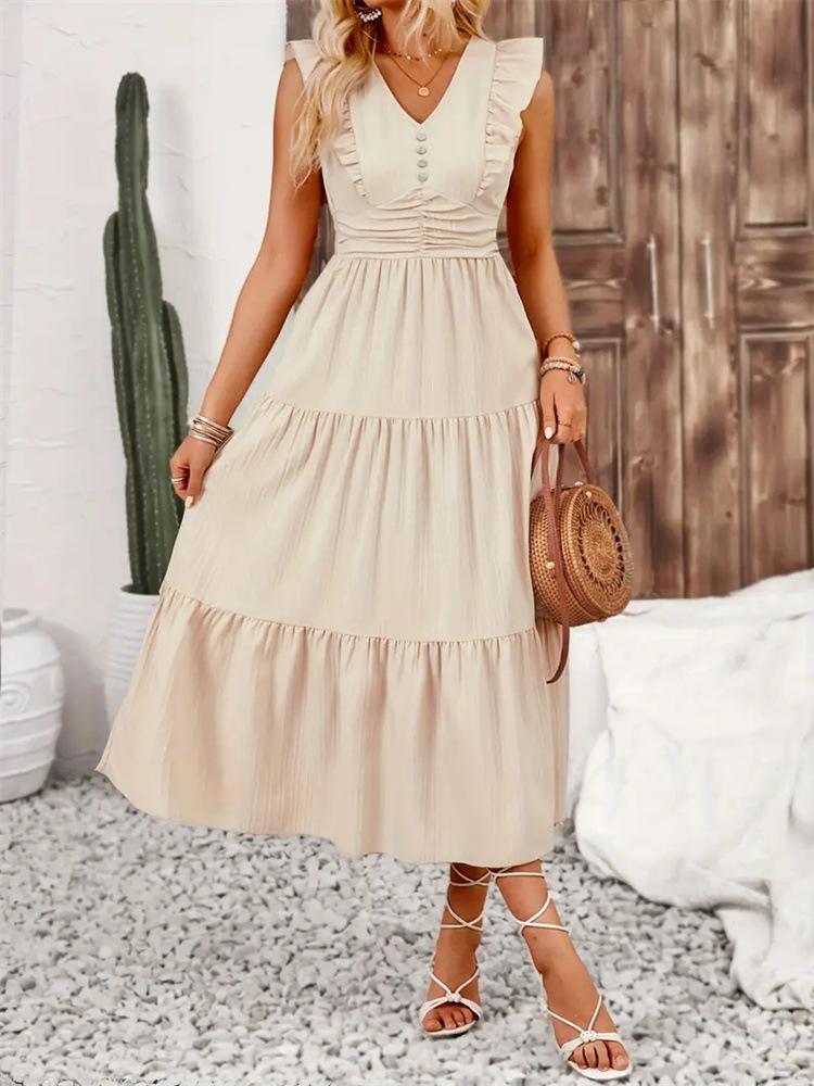 Skirt ruffle leaf edge, slim fit, solid color jacquard long sleeveless dress, spring and summer women s long dress, cake dress S абрикосовый