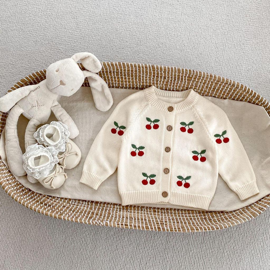 Frühling/Herbst 2025 Baby Kirsche Strick Strampler Set - Niedliches Baumwoll Latzhose Bubble Outfit