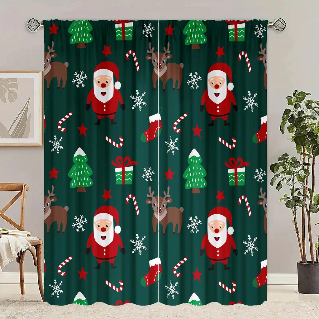 JIT 2 Stück Festliche Weihnachtsmuster Vorhänge   Design Fenster Vorhänge   Polyester   Weihnachts Fenster Dekoration   Haus Dekoration   Stangentasche Vor