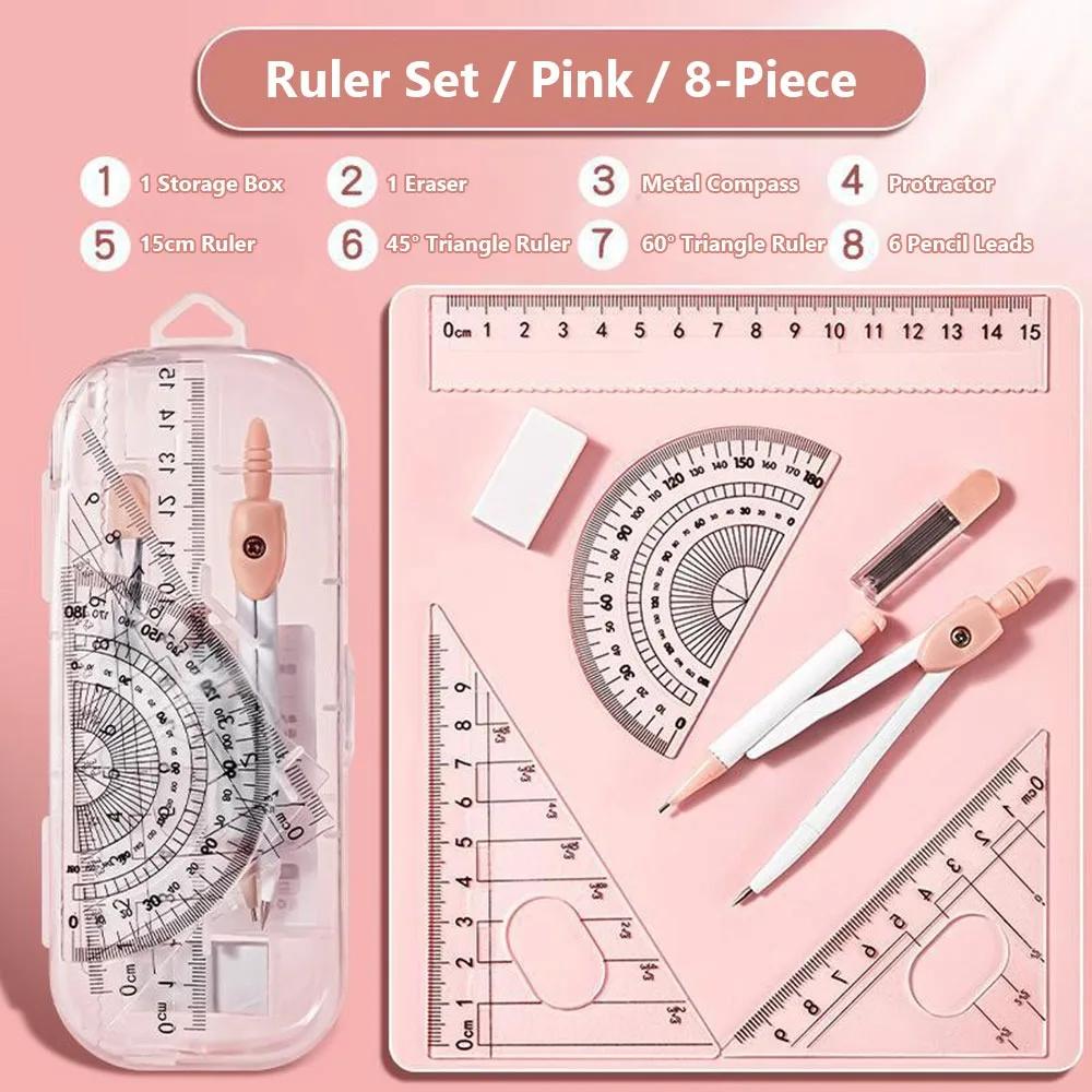 Portable 8PCS/Set Plastic Ruler Compasses Set Transparent Eraser Protractor Set Square Straight Ruler Measuring Ruler Students