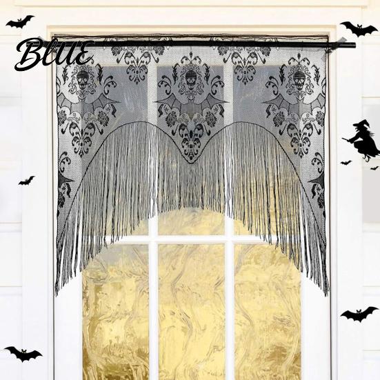 Atmungsaktiver Verandavorhang Halloween Gruseliges Fenster-Abschlussvorhang Schädel und Fledermaus Muster Transparenter Spitzen-Abschlussvorhang Lichtfilternd Gotisch für Wohnzimmer