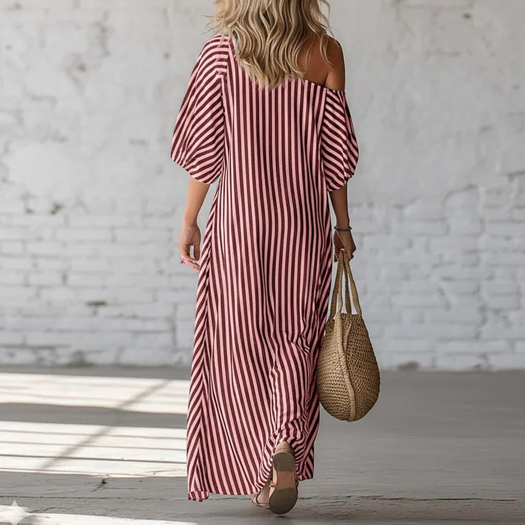 Ladies' Striped Elegant Casual Fashionable Off Shoulder Dress