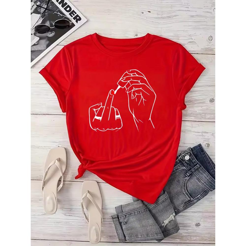 Women Middle Finger Nail Polish Prints T Shirt Summer Comfortable Soft Short Sleeve O-Neck Tops Casual Female Clothes