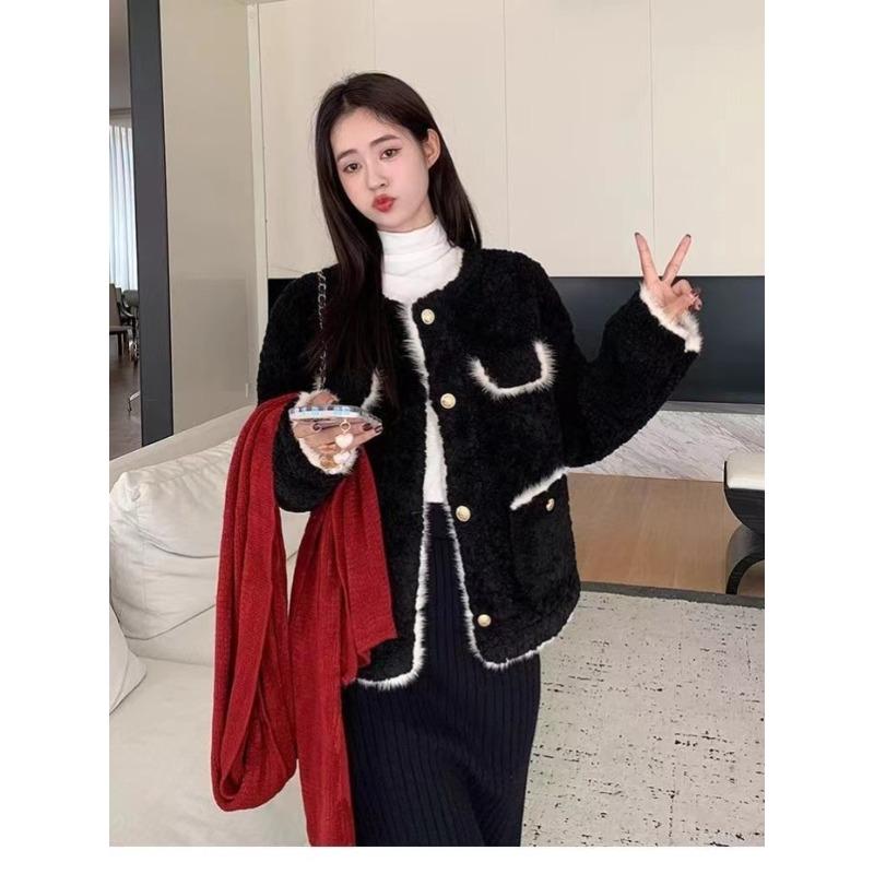 

coat autumn and winter new lamb wool thickened black fur coat short cotton-padded women s clothing S