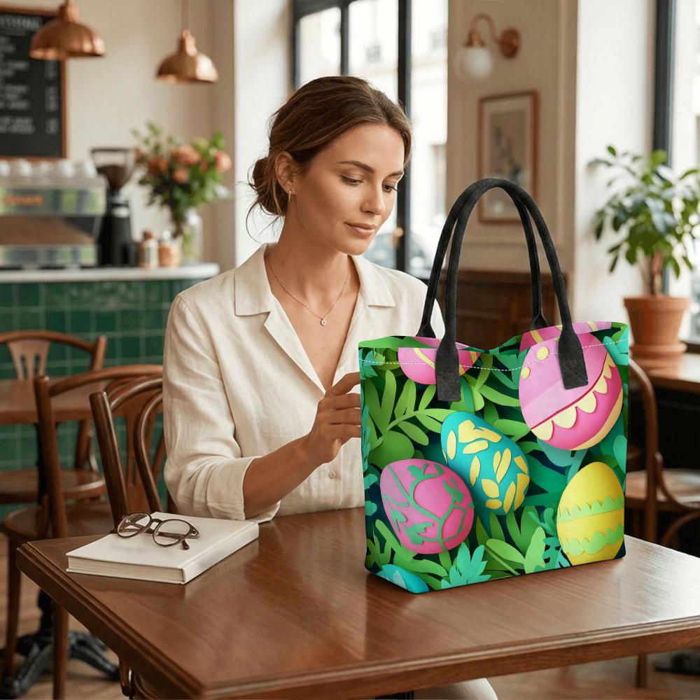  Easter Eggs Print Tote Bag Large Capacity Casual Fashion Shoulder Bag for Daily Shopping Travel Use Women Outdoor Handbag