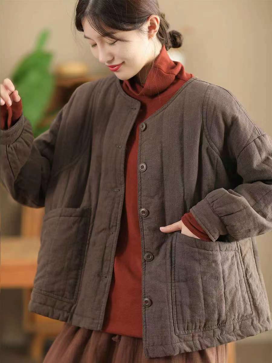 

Johnature Винтажный стиль О-образный вырез однобортный свободный сращивающийся пальто женский зимнее однотонное длинное рукава ретро пальто One Size кофейный