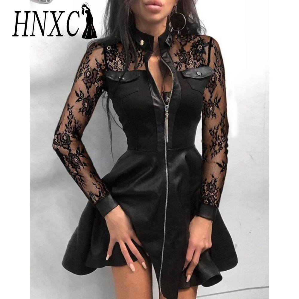 

HNXC Модное женское кружевное мини-платье с длинным рукавом и молнией из искусственной кожи с большим подолом XXL