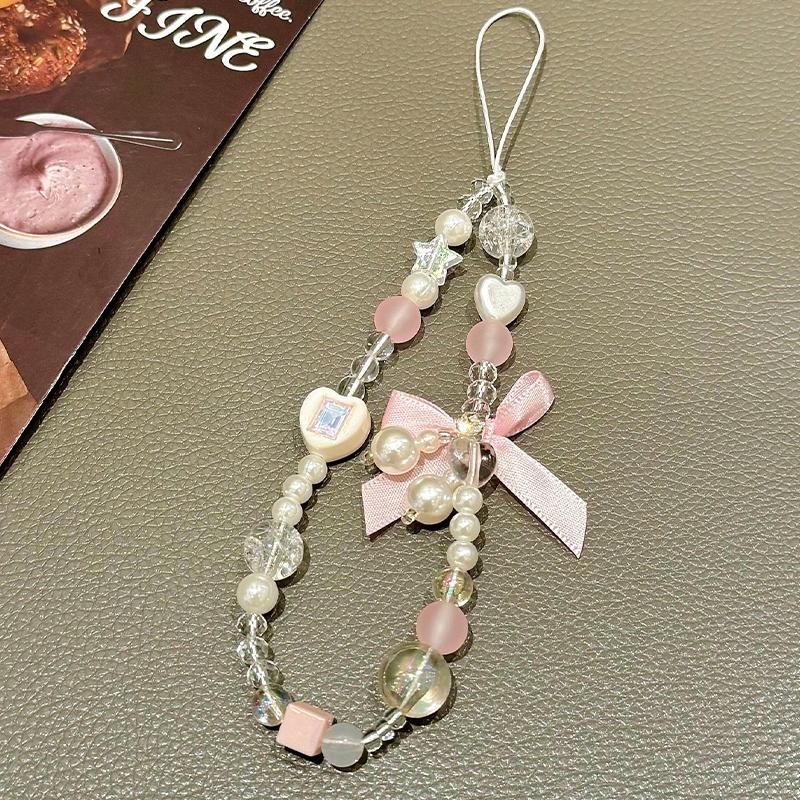 1Pcs Korean Lovely Pink Bowknot White Beaded Phone DYM Charm Lanyard For iPhone Samsung Universal Accessories Jewelry Pendant