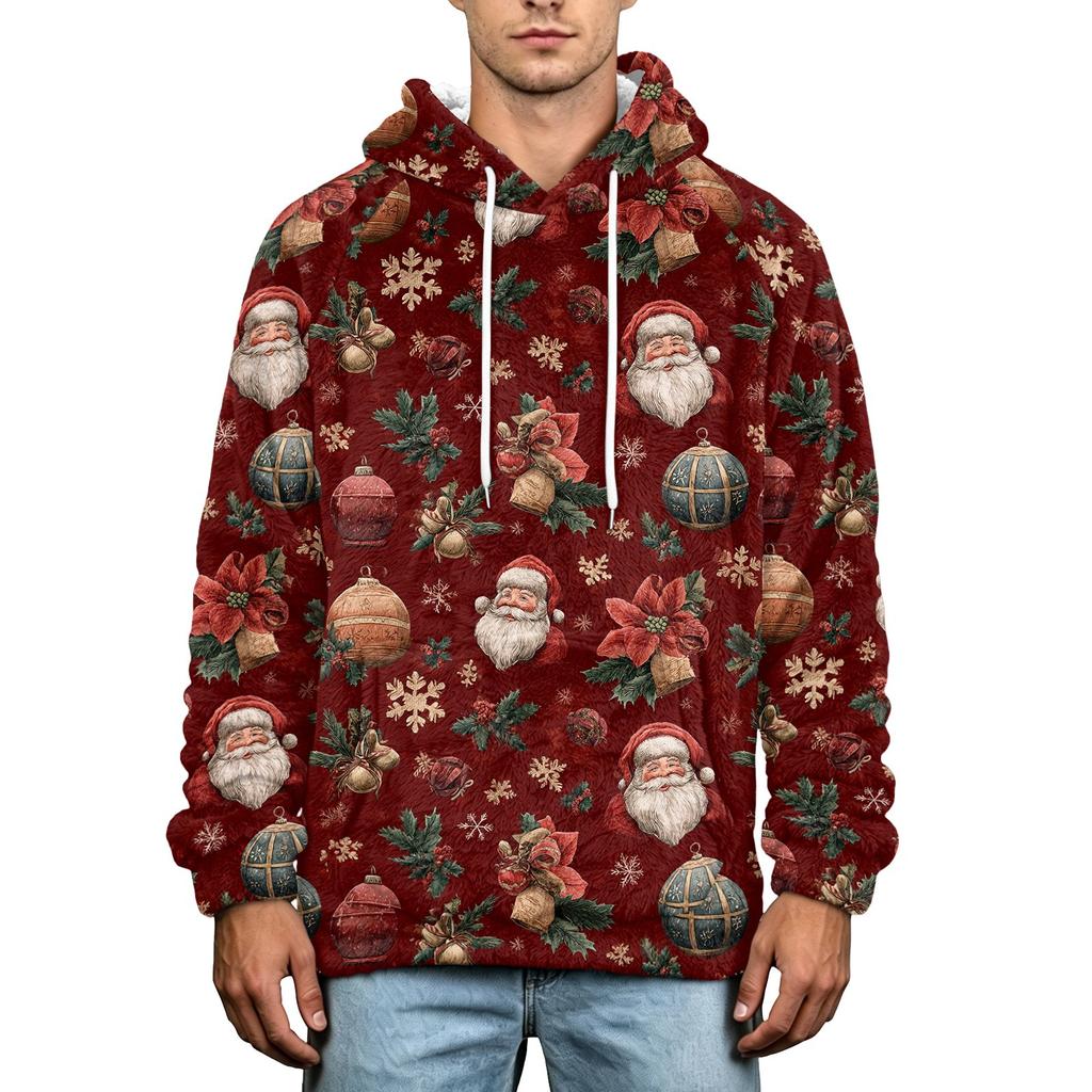 Men's Christmas Print Flannel Hoodie Hooded Casual Pullover Sweatshirt for Fall Winter