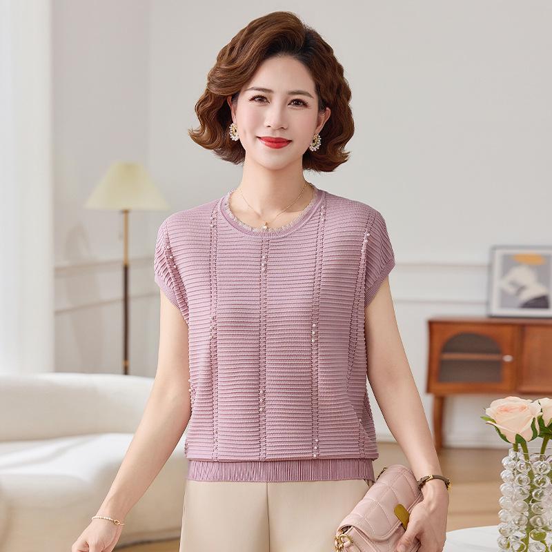 Stylish Knit Top: Women's Short-Sleeved Summer Shirt, Elegant and Versatile for Mothers and Seniors