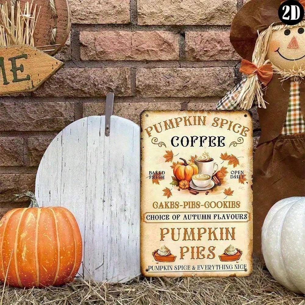 Metallposter Pumpkin Spice Coffee, Vintage Blechschild für die Wand, Herbstküchendekoration